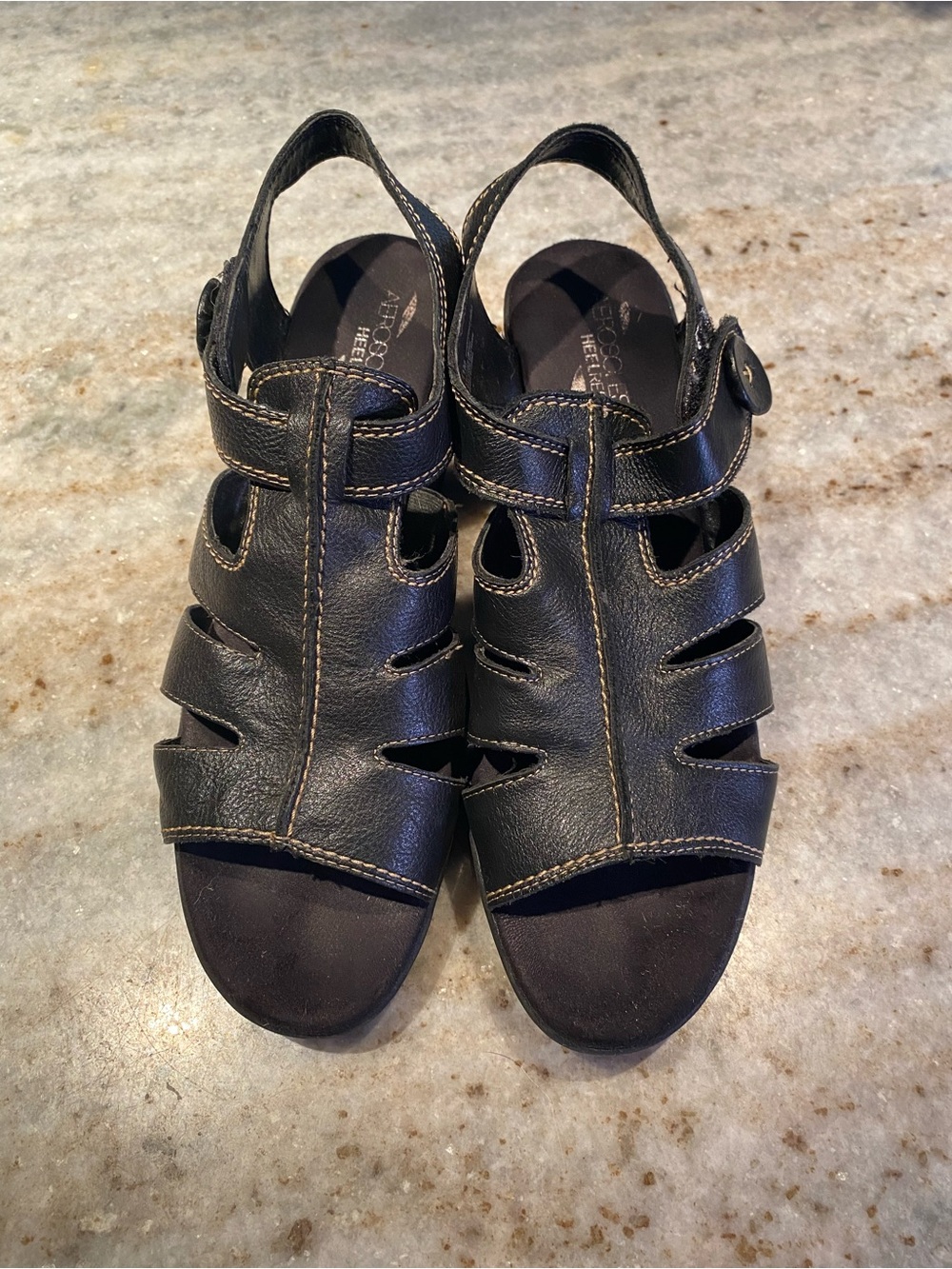 Aerosoles Bog Black Leather Slingback Wedge Sandals - Picture 2 of 6